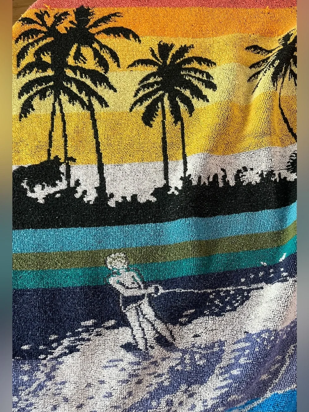 Vintage 1980s Jay Franco Surfer Beach Towel Retro Neon Sunset Palm Trees 27x53.5